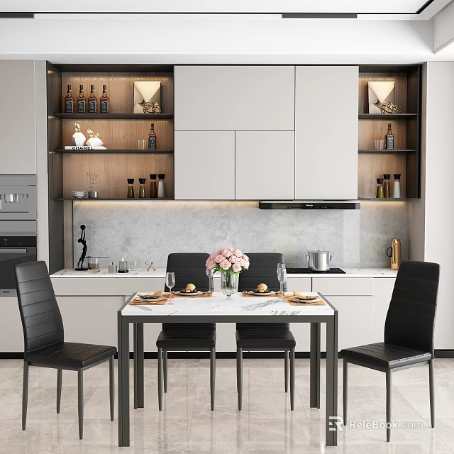 Modern Restaurant Dining Area With Marble Table Black Chairs And White Cabinets 3d model