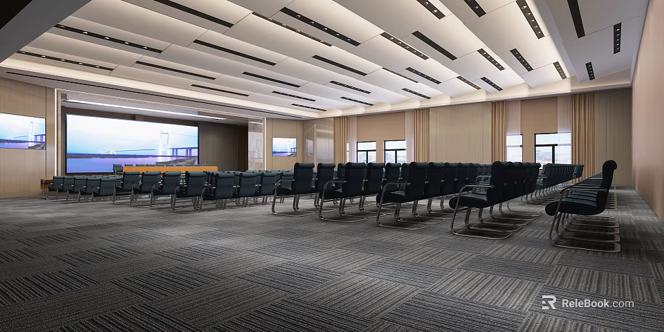 Modern Conference Room With Arranged Black Chairs Large Screen Windows And Gray Carpet 3d model 