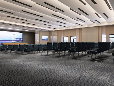 Modern Conference Room With Arranged Black Chairs Large Screen Windows And Gray Carpet 3d model