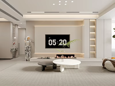 Modern Living Room With TV Wall Fireplace Coffee Table Striped Rug Plant And Decorative Statue 3d model