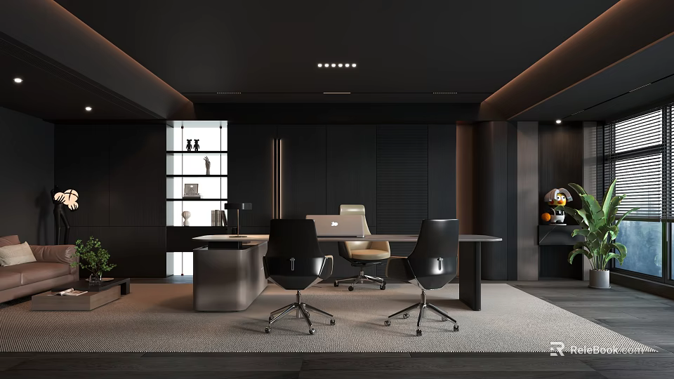 Dark Modern Office Interior With Executive Desk Ergonomic Chairs And Green Plants 3d model 