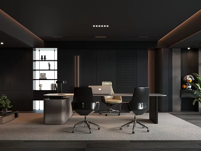 Dark Modern Office Interior With Executive Desk Ergonomic Chairs And Green Plants 3d model