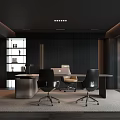 Dark Modern Office Interior With Executive Desk Ergonomic Chairs And Green Plants