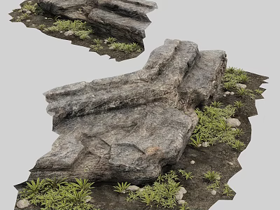 Natural Rock Formation With Small Green Plants And Stones 3d model