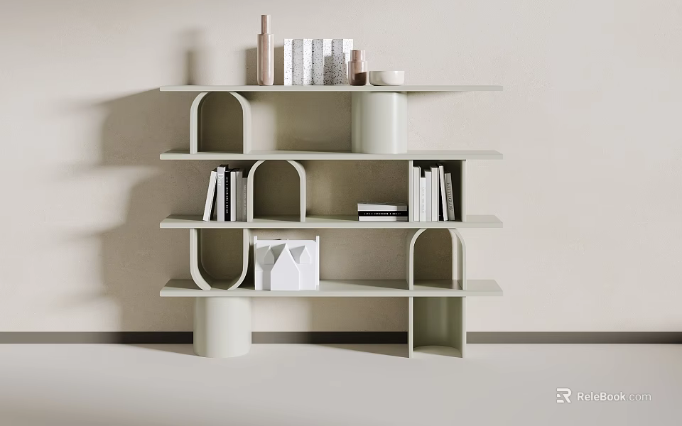 Modern Light colored Multi tiered Bookshelf Featuring Arched Cutouts and Decorative Books 3d model 