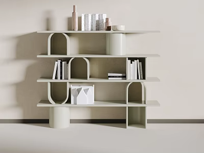 Modern Light colored Multi tiered Bookshelf Featuring Arched Cutouts and Decorative Books 3d model