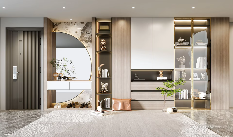 Modern Shoe Cabinet Design With Glass Doors Display Shelves And Decorative Plants 3d model 