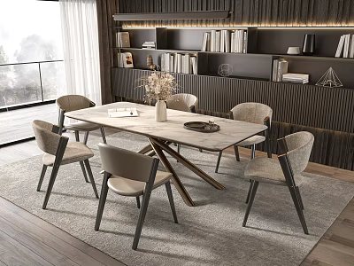 Modern Dining Table Set With Six Chairs And Bookshelf In Bright Room 3d model
