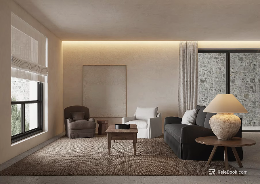 Minimalist Living Room Sofa And Coffee Table Set With Neutral Tones And Textured Rug 3d model 