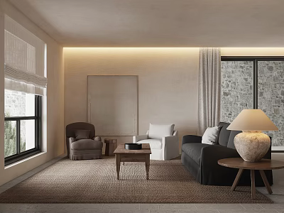 Minimalist Living Room Sofa And Coffee Table Set With Neutral Tones And Textured Rug 3d model