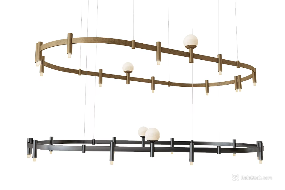 Modern Minimalist Circular Chandeliers With Golden And Black Metal Rods And White Spherical Bulbs 3d model 