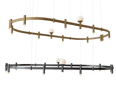 Modern Minimalist Circular Chandeliers With Golden And Black Metal Rods And White Spherical Bulbs 3d model
