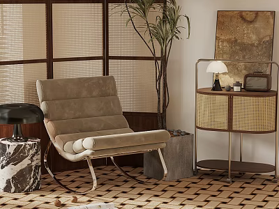 Beige Velvet Lounge Chair With Woven Screen Wicker Side Table Plant And Geometric Floor 3d model