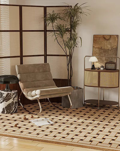 Beige Velvet Lounge Chair With Woven Screen Wicker Side Table Plant And Geometric Floor 3d model