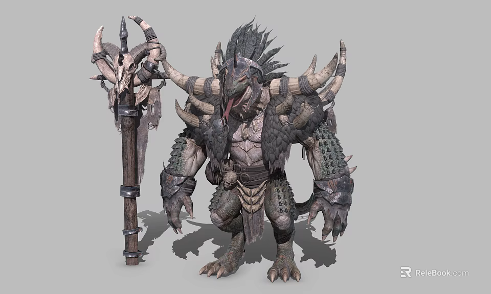 Game Fantasy Monster Character in Crouching Stance with Horned Scaled Armor and Staff Weapon 3d model 