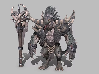 Game Fantasy Monster Character in Crouching Stance with Horned Scaled Armor and Staff Weapon 3d model