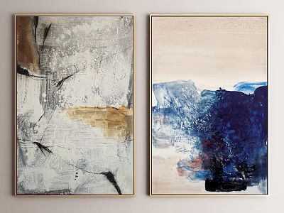 Modern Abstract Paintings with Gray Brown Blue Red Tones and Gold Frames as Wall Decor 3d model