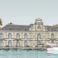 Classical Style Waterfront Commercial Complex With Arched Windows Reflections And Boats 3d model