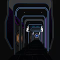 Modern Futuristic KTV Corridor With Purple Blue Neon Lights Illuminated Decorations And Mirrored Floors