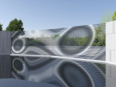 Modern Metal Landscape Feature Wall Design With Hollow Circular Patterns And Water Reflection 3d model