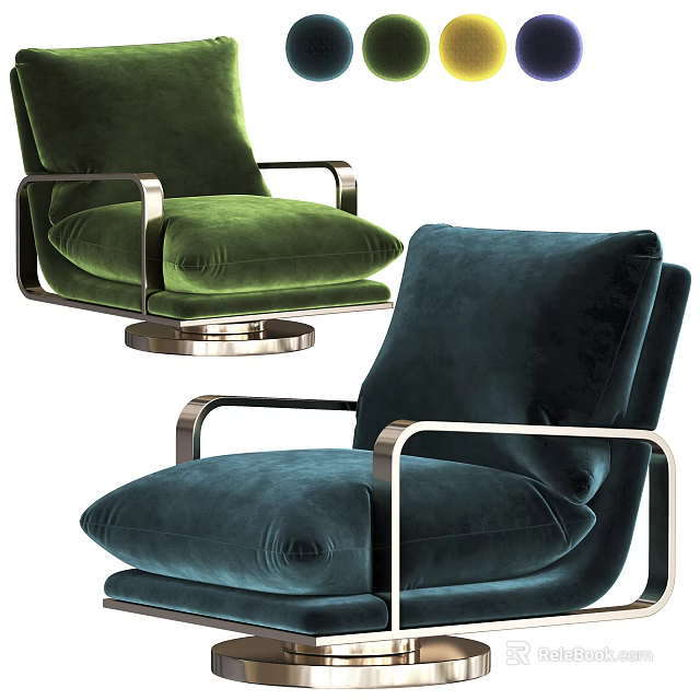Luxury Green And Teal Velvet Single Seater Sofa With Metal Armrests And Circular Base 3d model 
