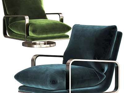 Luxury Green And Teal Velvet Single Seater Sofa With Metal Armrests And Circular Base 3d model