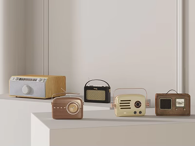 Vintage Radios Collection Featuring Various Retro Designs And Classic Styles On Display Shelf 3d model