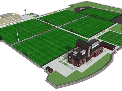 Well Designed Soccer Fields With Multiple Green Turf Buildings Grandstand And Floodlights 3d model