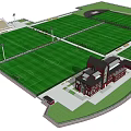 Well Designed Soccer Fields With Multiple Green Turf Buildings Grandstand And Floodlights