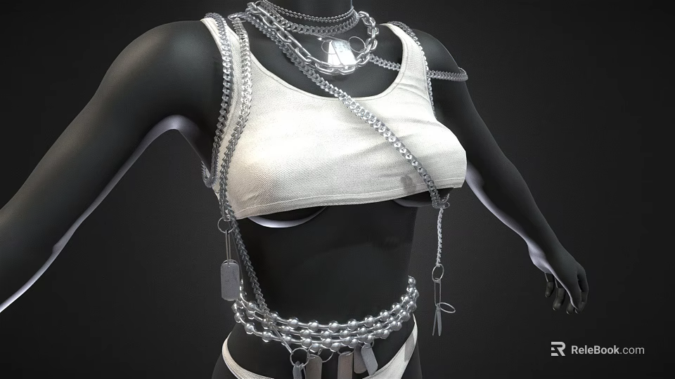 Stylish White Tank Top With Layered Silver Chains And Decorative Tags 3d model
