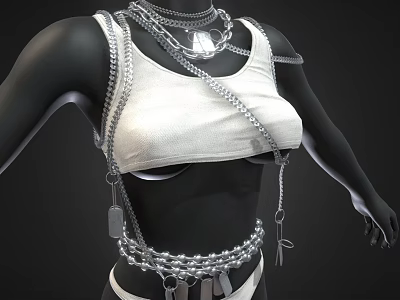 Stylish White Tank Top With Layered Silver Chains And Decorative Tags 3d model