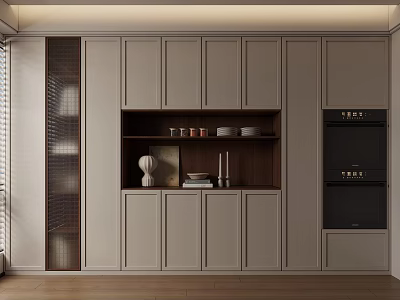 Modern Light Grey Wine Cabinet With Wooden Shelves And Decorative Items In Living Room 3d model