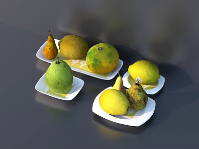 White Ceramic Plates With Fresh Pears Lemons And Oranges On Dark Table Surface 3d model