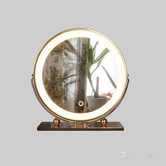 Round Illuminated Mirror with Gold Frame and Plant Curtain Reflection on Decorative Base 3d model 