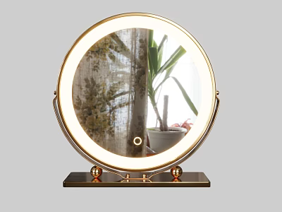 Round Illuminated Mirror with Gold Frame and Plant Curtain Reflection on Decorative Base 3d model