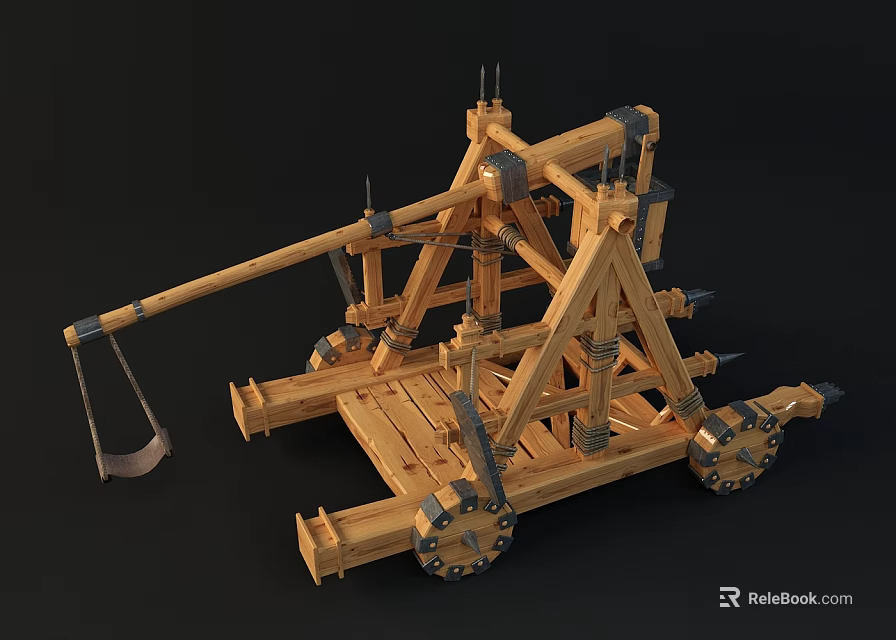 Ancient Wooden Wheeled Siege Weapon Trebuchet with Strong Frame and Metal Fittings 3d model 