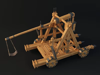 Ancient Wooden Wheeled Siege Weapon Trebuchet with Strong Frame and Metal Fittings 3d model