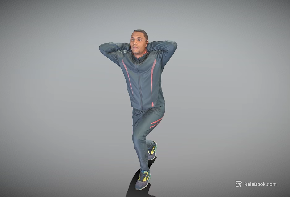 Man In Dark Tracksuit Jumping With Hands Behind Head On Gray Background 3d model 