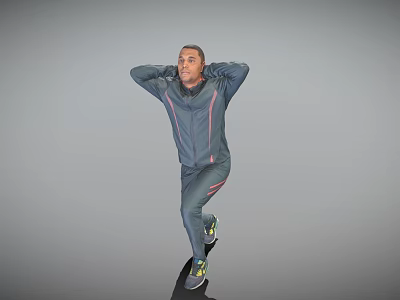Man In Dark Tracksuit Jumping With Hands Behind Head On Gray Background 3d model