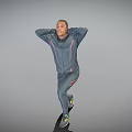 Man In Dark Tracksuit Jumping With Hands Behind Head On Gray Background