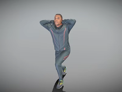 Man In Dark Tracksuit Jumping With Hands Behind Head On Gray Background 3d model Man In Dark Tracksuit Jumping With Hands Behind Head On Gray Background 3d model