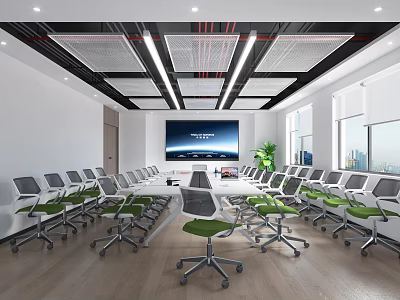 Modern Conference Room With Ergonomic Swivel Chairs Large Display Screen Windows And Indoor Plant 3d model