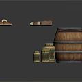 Rustic Wooden Barrel Display With Metal Jars And Fresh Bread Loaves