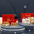 Traditional Chinese Gift Packaging with Red Li Character Boxes Huangshanlou and Moon Decor