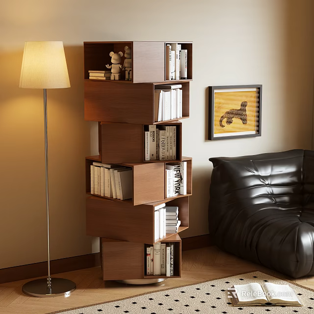 Modern Multilayer Bookcase With Shelves Floor Lamp Black Leather Sofa And Wall Art 3d model 
