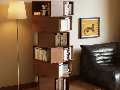 Modern Multilayer Bookcase With Shelves Floor Lamp Black Leather Sofa And Wall Art 3d model
