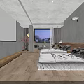 Hotel Guest Room With Two Beds Wooden Flooring Gray Walls Decorative Plants And Window View