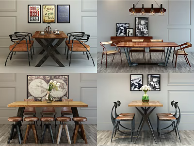 Modern Dining Table Set With Wooden Table Chairs Framed Wall Art And Chandelier 3d model
