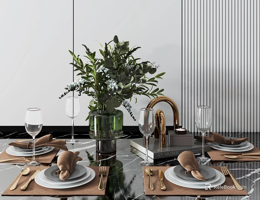 Elegant Dinnerware Set With Golden Cutlery Folded Napkins Wine Glasses Green Plants On Marble Tabletop 3d model 