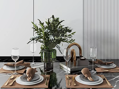 Elegant Dinnerware Set With Golden Cutlery Folded Napkins Wine Glasses Green Plants On Marble Tabletop 3d model
